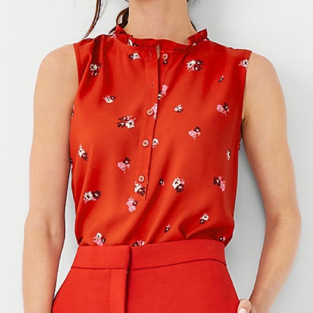 NWT Ann Taylor Floral Ruffle Neck Half Placket Top